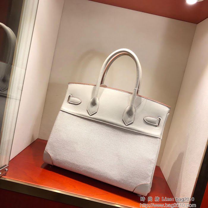 HERMES愛馬仕 鉑金包 Birkin30Cm Swift拼帆布 80 Gris Perle 珍珠灰 銀扣 頂級工藝 手縫蠟線 無敵限量版 古董包  Ama1601